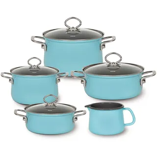 Riess, 0584-037, Familien-Set 5tlg., KRISTALLBLAU, Emaille, Made in Österreich, LBH: 48,5x39,0x28,5cm, 7,740kg, Kanne mit Henkel, Deckel, Induktionskocher kompatibel, Gasherd geeignet, Ofenfest