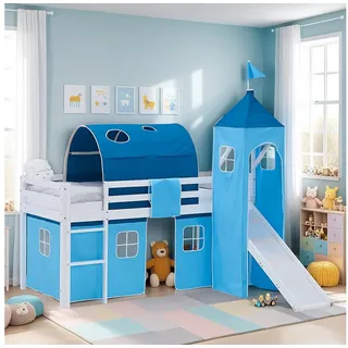 Homestyle4u Hochbett 90 x 200 cm Kiefer massiv lackiert Blau/Weiß