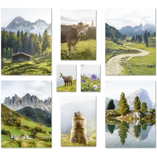 ARTFAVES® Poster Set - IN DEN BERGEN - mehrteilige Wanddeko Wohnzimmer & Schlafzimmer - 8 moderne Wandbilder Frühlingsdeko, Frühling Deko, Wandern, Alpen - ohne Bilderrahmen