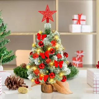 Jayseuw 40cm Mini Weihnachtsbaum mit 30 warmweiß LEDs, 8 Licht Modi, mit roter Deko, mit Stern-Baumspitze, Batterie betrieben, für Weihnachten, Rot - Rot