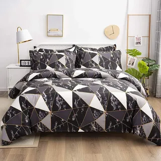 AShanlan Marmor Bettwäsche 135x200 Schwarz Weiß Grau Bettbezug 2 Teilig Microfaser Marmor Optik Geometrische Muster Bettwäsche Set und Kissenbezug 80x80 cm mit Reißverschluss