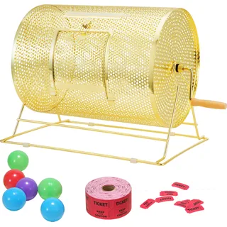 SucceBuy-Trommel, 16,1 x ? 12 Zoll messingbeschichteter Los-Drehk?fig, fasst 5000 Lose oder 200 Tischtennisb?lle, Lotterieziehung aus Metall, Holzgriff