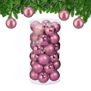 Relaxdays Weihnachtskugeln im 30er Set, Kunststoff, D: 6 cm, runde Weihnachtsbaumdeko, Baumschmuck bruchsicher, rosa