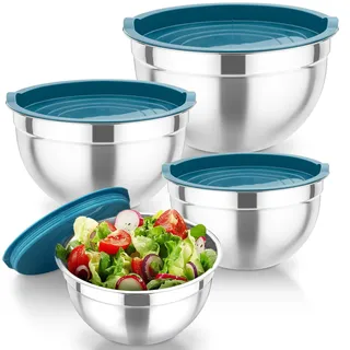 TEAMFAR Rührschüssel mit Deckel, Edelstahl Schüssel Salatschüssel 4er Set, 4,5/3/1,5/1,2L Schüsselset für Küche, Stapelbar, Spülmaschinenfest, Blau