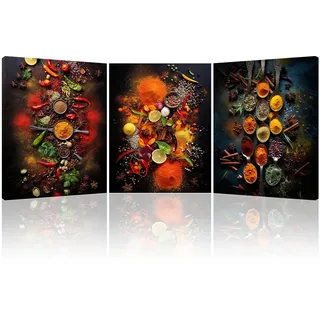 Piy Painting Bild auf Leinwand, Buntes Gewürz Leinwandbilder, Wandbilder Gewürze und Löffel Kunstdrucke auf Leinwand für Küche Esszimmer Hotel Wanddeko, eingebautem Holzrahmen, 3 Stück/Satz 30x40cm