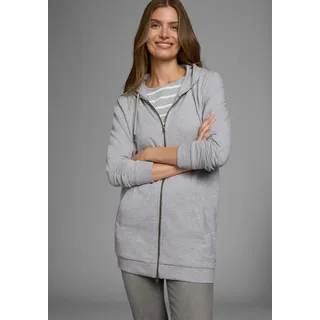 Sweatjacke FLASHLIGHTS, Damen, Gr. 44/46, grau (hellgrau, meliert), Interlock, Obermaterial: 90% Baumwolle, 5% Elasthan, 5% Viskose. Kapuzenfutter: 95% Baumwolle, 5% Viskose, unifarben, Basic, lässig geschnitten Po-bedeckend, Sweatjacken Sweatjacke, in langer Form mit Zipper, Topseller