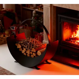 Kingson Kaminholzkorb für Innenkamin – Gebogener Stahl-Holzkorb mit flachem Eisengriff – Schwarzer Brennholzspeicher – Dekorativer Feuerholzträger 35x28x36cm