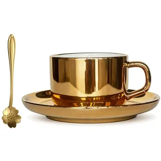 Goldene Kaffeetasse Set mit Untertasse & Löffel (250ml),Luxus Kaffeetassen Set Keramik, Cappuccinotasse Espressotasse Teetasse Gold,Modernes Nordisches Design Barista Zubehör,Zuhause Büro Café