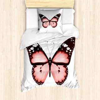 ABAKUHAUS Schmetterling Bettbezug Set für Einzelbetten, Sommervogel Freigeist, Milbensicher Allergiker geeignet mit Kissenbezug, Pastel Pink Kastanienbraun Rosa Weiß - Weiß