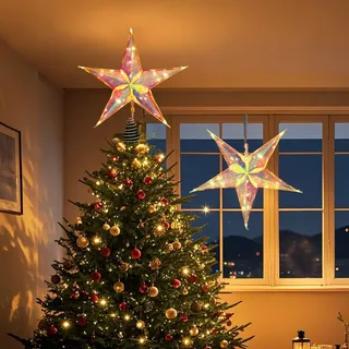 Lewondr 2 Stück Hängend Weihnachtsdeko Aussen Led Stern,33cm Weihnachtsstern Fenster Deko mit 6H Timer-Funktion, 8 Lichtmodi & USB Betriebene Beleuchtete Baumkrone für innen und außen,Warmes Licht