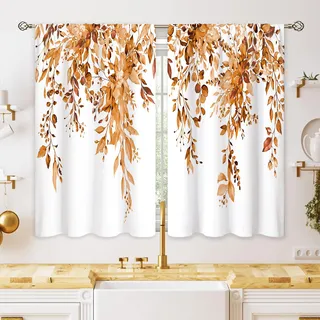 oolygoo Küchenvorhänge, orange Eukalyptus, botanisches Muster, Blätter, Florale Küchenfenstervorhänge über der Spüle, Landhausstil, Blume, Herbst, kleine Fensterdekoration, Café, Kurze Vorhänge für