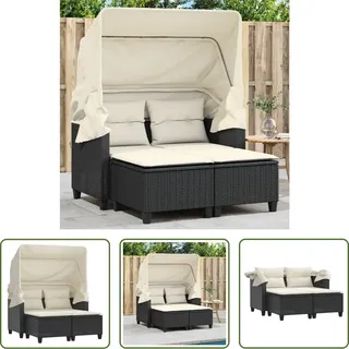 The Living Store Gartensofa 2-Sitzer mit Dach und Hockern Schwarz Poly Rattan - Schwarz