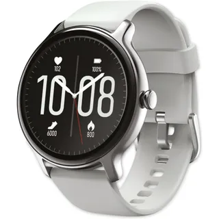 Hama FitWatch 4910 BT 45 mm Edelstahlgehäuse silber Silikonarmband grau M