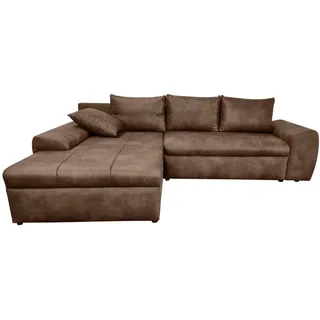 luma-home Ecksofa mit Schlaffunktion, Bettkasten, Wellenunterfederung, Ottomane links B266/T186/H90 cm, Mikrofaser Leder-Optik Vintage Braun / 18014 , Textil , Füllung: Polyurethan (Pur) , Ottomane links, L-Form, Eckteil, einzeln stellbar,L-Form , 266x186 cm , Wohnzimmer, Sofas & Couches, Wohnlandschaften, Ecksofas