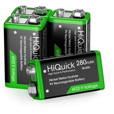 HiQuick 9V Akku, 9V Block Batterien, 280mAh NI-MH Wiederaufladbare Batterie, 1200 Ladezyklen, 4 Stück, für Rauchmelder Multimeter Alarmsystem Walkie Talkie