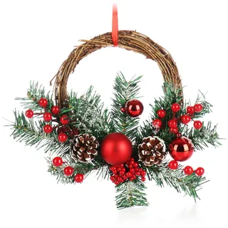 COM-FOUR® Weihnachts-Hänger für die Weihnachtsdeko - Adventskranz zum Hängen an Tür oder Wand - Kranz als Anhänger mit Kugeln und Zapfen (1 Stück - Kranz 27cm braun/grün/rot)