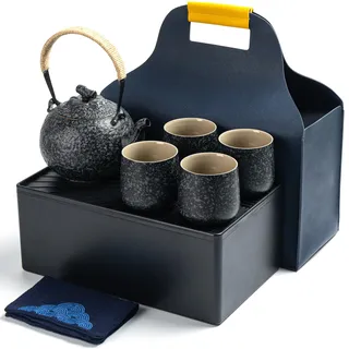 TEANAGOO Teekanne Portable Japanese Tea Set, Charcoal Grey Travel Porcelain Tea Set, 1 Teekanne (700ml/25oz) + 4 Teetassen (205ml/7.2oz), U2, Tea Tray Storage Case, Tee Set Teekanne und Tasse