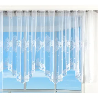 Bogenstore Gardine Jacquard, 145x600, Blumenmuster Weiß Kräuselband Universalband Faltenband Store, 13140