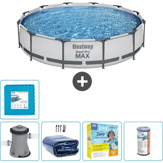 Bestway Round Steel Pro MAX Schwimmbad – 366 x 76 cm – Grau – inklusive Pumpe Sonnensegel - Wartungspaket - Filter - Bodenfliesen - Grau