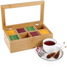 Gräfenstayn® Teebox aus Bambus (9 x 28 x 16cm) mit 8 Fächern, aufklappbarer Deckel mit Sichtfenster und ideal für Aromaschutz