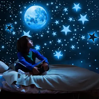 1119 Stück Leuchtsticker Wandtattoo Leuchtsterne Selbstklebend Kinderzimmer Wandsticker Sterne und Mond Fluoreszierend Wandaufkleber für Kinder Schlafzimmer Kinderzimmer Wohnzimmer Blau