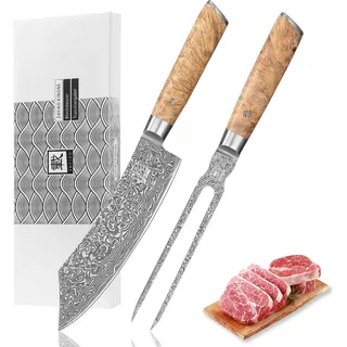 Zayiko Kinone Damast 2er Tranchier-Set I 18-20 cm Klingen Wurzelholzgriffe Birke