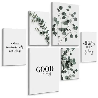 Muralo Leinwandbilder 6-er Set Blätter Zitate , Grün, Schwarz, Weiß , Textil , Baum/Pflanze/Natur, Sprichwort/Zitat , Rechteckig , 90x80 cm , Bilder & Rahmen, Bilder