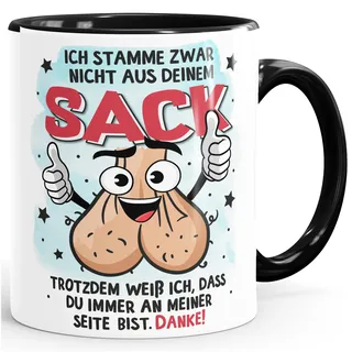MoonWorks® Kaffee-Tasse Geschenk für Bonus-Papa zum Vatertag Spruch lustig Stiefvater Ich stamme zwar nicht aus deinem Sack Weiss-innen-schwarz standard
