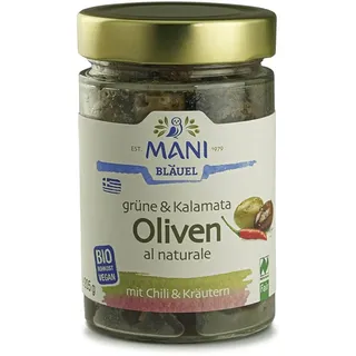 Mani Grüne & Kalamata Oliven al naturale mit Chili & Kräuter bio