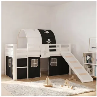Homestyle4u Hochbett mit Vorhang 90 x 200 cm Kiefer massiv lackiert Weiß/Pirat