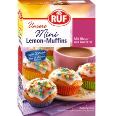 RUF Mini-Lemon-Muffins, Backmischung für Zitronen-Muffins mit Zitronenglasur und bunten Konfetti Streuseln, inkl. 20 bunte Muffin-Förmchen