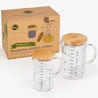 TreeBox Premium Messbecher glas - 1l & 500ml - 2er Set - Robuste und hitzebeständige Messbecher Set aus Borosilikatglas mit Bambusdeckel - Mikrowellengeeignet - Zum Backen & Mischen