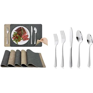 KitchenBoss Platzsets Abwaschbar Tischsets Platzdeckchen 12er Set (Grau Aprikose) 43x30cm + KitchenBoss Besteck Set Cutlery Set: 12 Personen Besteckset Edelstahl Essbesteck 60 Teilig Spülmaschinenfest