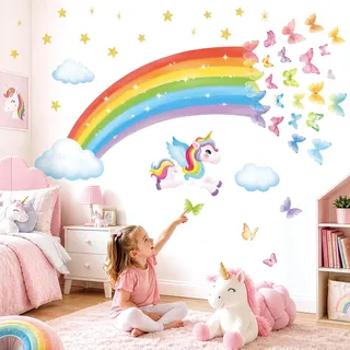 DECOWALL SG2-2401 Regenbogen Wandaufkleber Einhorn Wandtattoo Schmetterlinge Sterne Wolken Wandsticker für Kinderzimmer Babyzimmer Mädchen Wanddeko Schlafzimmer Mädchenzimmer deko geschenke