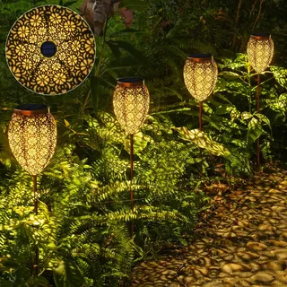 JOYCREATOR Solarlampen für Außen Garten 4 Stück, LED Metall Garten Solarleuchten für Außen IP65 Wetterfest, Vintage Blume Gartenleuchten Solar mit Erdspieß für Balkon Terrasse Deko (Kupfer)