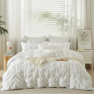 YASMENG Seersucker Bettwäsche 135x200 Weiß Kariert Bettbezug Set Weich Atmungsaktiv Mikrofaser Bettwäsche Modern Romantisch Bettwäsche Sommer 2teilig mit Reißverschluss und 80x80 cm Kissenbezug