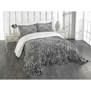 ABAKUHAUS Damask Tagesdecke Set, Klassische Blumenverzierung, Set mit Kissenbezügen Waschbar, für Doppelbetten 220 x 220 cm, Schwarz Grau