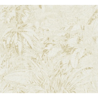 A.S. Création Smart Surfaces Florale Vliestapete mit Palmenblätter 10,05 m x 0,53 m - Beige, Weiß, Gold - Tapete mit Blättermotiv Made in Germany - 395601