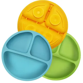 PandaEar Silikon Baby Teller Rutschfest Kinder Tischset mit Saugnäpfen - Geteilte Standfeste Babyteller Kleinkind Teller - BPA-Frei - 3er Pack - MikrowellenFest - Blau Grün Gelb