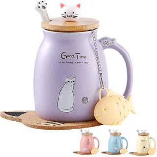 Katzen-Tasse Süße Keramik Kaffeetasse mit Deckel und Löffel 380ML - Geschenk für Frauen
