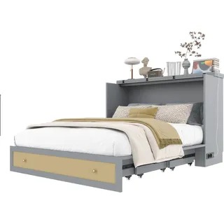 Schrankbett mit Mehrfachsteckdose und Stauraum, 140x200 cm, Wandklappbett, horizontal klappbar, platzsparend, Holz - Grau