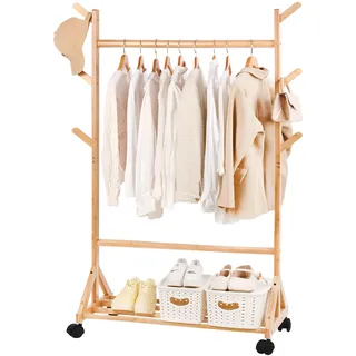 Relquorax Kleiderständer Bambus, Garderobenständer offener Kleiderschrank mit Ablage Kleiderstange Haken, mit Rollen beweglich, stabil für Schlafzimmer Flur (M - 100cm)