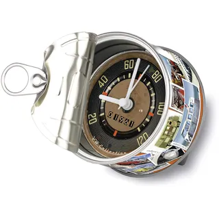BRISA VW Collection - T1 Bulli Bus MyClock Tischuhr mit Magnet | Volkswagen Standuhr mit Konservendosen-Optik, Personalisierbar Batteriebetrieben Quarzuhrwerk Deko Retro, Briefmarken