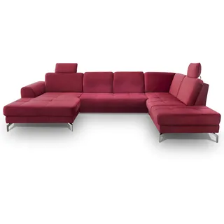 CAVADORE Wohnlandschaft Benda / Große Sofagarnitur mit XL-Longchair links & Federkern / Inkl. Sitztiefenverstellung & Kopfstützen / 332 x 87 x 226 / Samt: Rot