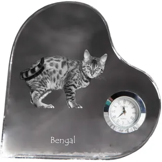 Bengalisch - Kristalluhr mit Katzenbild, Herzregal-Uhr, personalisierte Standuhr von Art-Dog. - Transparent