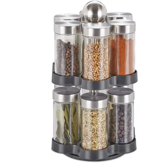 Relaxdays Gewürzkarussell, 12 Gewürzgläser, Gewürzregal 360° drehbar, Edelstahl, Glas, HxD: 25,5 x 14 cm, Silber/schwarz