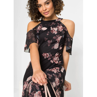 Maxikleid BONPRIX "Maxikleid aus Mesh", Damen, Gr. 40/42 (M), N-Gr, schwarz (schwarz geblümt), Obermaterial: 90% Polyester, 10% Elasthan. Futter: 100% Polyester, loose fit, Kleider Maxikleid, für eleganten Auftritt, aus leichtem Mesh-Material, lockere Passform