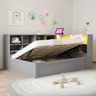 Flieks Hydraulisches Tagesbett Schlafsofa mit Stauraum, Jugendbett Einzelbett mit Led und Ladefunktion, Stauraumbett Holzbett mit Regal, Grau - Grau