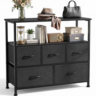 DUMOS Kommode mit Schubladen - kommoden & Sideboards für Schlafzimmer Geeignet, Komodenschrank mit 5 Schubladen, TV-Schrank mit Stahlrahmen,Schrank Klein, Ideal für Flur, Wohnzimmer (Schwarz)