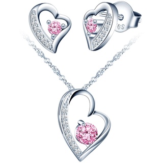 Yumilok Schmuckset Damen 925 Sterling Silber Halskette & Ohrringe Set, Herz Anhänger mit 45cm Kette & Ohrstecker mit Rose Zirkonia für Frau